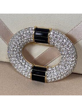 SAL Signed Black & Clear Swarovski Crystal Gold Plated Pave Oval Brooch A32